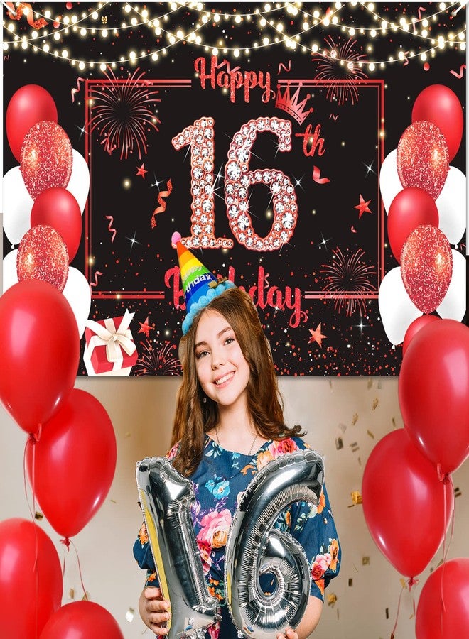 Woosytoo Red 16th Birthday Banner Decorations for Boys Girls Large Red Black Happy 16th Birthday Backdrop Banner Sweet Sixteen Bday 16 Years Old Party Supplies Outdoor Indoor - Image 3